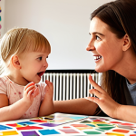 **Image Prompt:** A cute toddler using sign language with their parent in a brightly lit living room, surrounded by colorful picture cards. Soft focus, heartwarming.