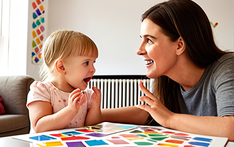 **Image Prompt:** A cute toddler using sign language with their parent in a brightly lit living room, surrounded by colorful picture cards. Soft focus, heartwarming.