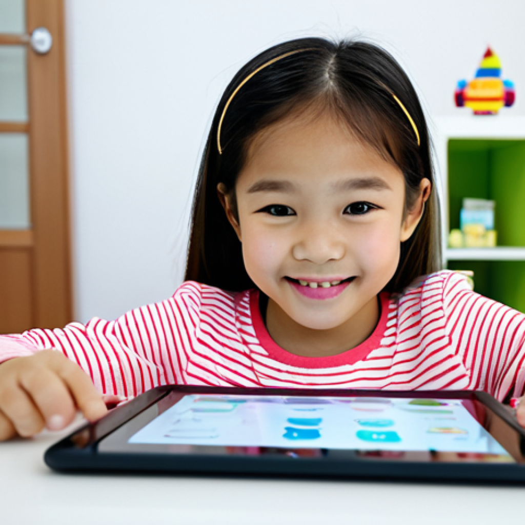 A young Thai girl, approximately 6 years old, fully clothed in comfortable, modest, and family-friendly attire. She is sitting at a small, modern table, deeply engaged with a tablet displaying a vibrant, interactive language learning application. Her expression is focused and happy, with a natural pose. The setting is a brightly lit, contemporary therapy room or a tidy living room, with soft, diffused light. Blurred educational toys or subtle decor are visible in the background, suggesting a nurturing learning environment. Professional photography, high resolution, soft lighting, sharp focus, perfect anatomy, correct proportions, well-formed hands, proper finger count, natural body proportions, safe for work, appropriate content, fully clothed, professional, family-friendly.