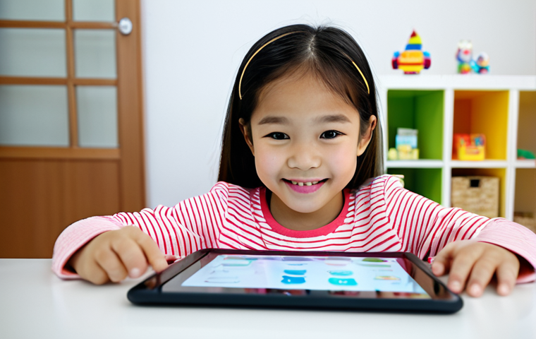 A young Thai girl, approximately 6 years old, fully clothed in comfortable, modest, and family-friendly attire. She is sitting at a small, modern table, deeply engaged with a tablet displaying a vibrant, interactive language learning application. Her expression is focused and happy, with a natural pose. The setting is a brightly lit, contemporary therapy room or a tidy living room, with soft, diffused light. Blurred educational toys or subtle decor are visible in the background, suggesting a nurturing learning environment. Professional photography, high resolution, soft lighting, sharp focus, perfect anatomy, correct proportions, well-formed hands, proper finger count, natural body proportions, safe for work, appropriate content, fully clothed, professional, family-friendly.