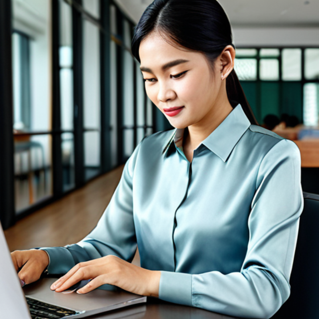 구술 치료와 치료법 - "A successful Thai businesswoman in a modest, elegant silk dress, working on a laptop at a modern co...