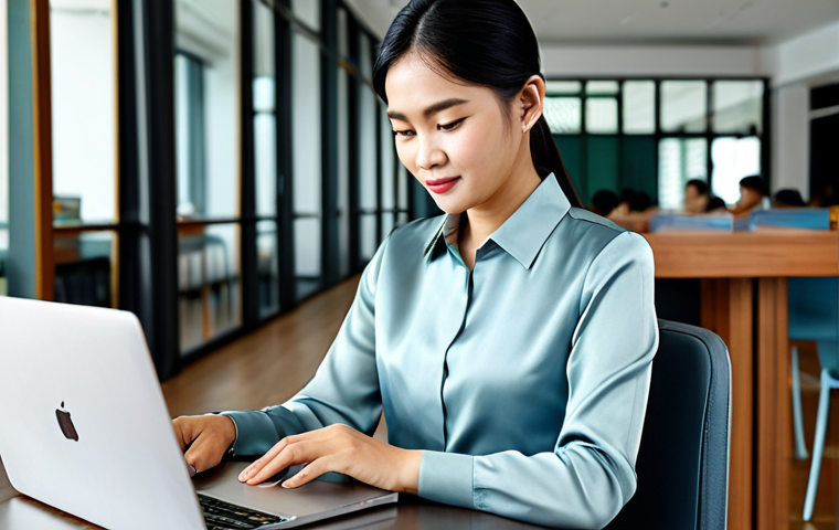 구술 치료와 치료법 - "A successful Thai businesswoman in a modest, elegant silk dress, working on a laptop at a modern co...
