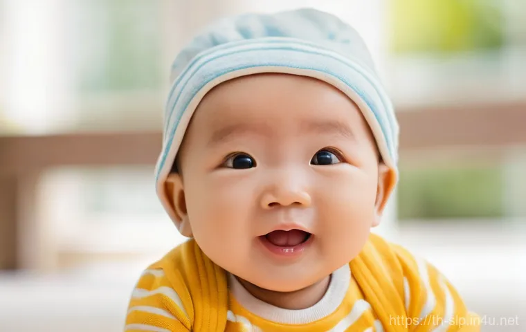 음성 발달 검사 - **Prompt:** A close-up, warm and bright image of a cheerful Thai baby, approximately 6-9 months old,...