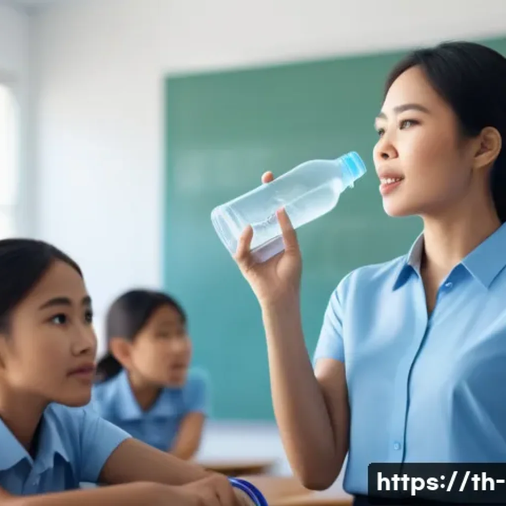 음성 장애 및 치료 - A detailed illustration of a professional Thai female teacher in a modern classroom setting, speakin...