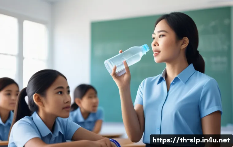음성 장애 및 치료 - A detailed illustration of a professional Thai female teacher in a modern classroom setting, speakin...