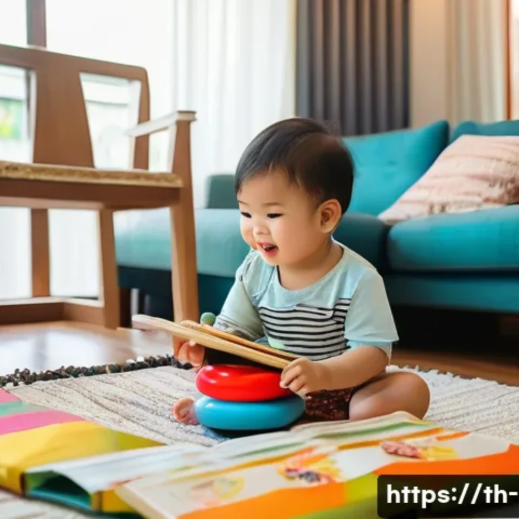 언어발달 이론 - A cozy family living room scene in a modern Thai home, featuring a young toddler wearing a colorful ...