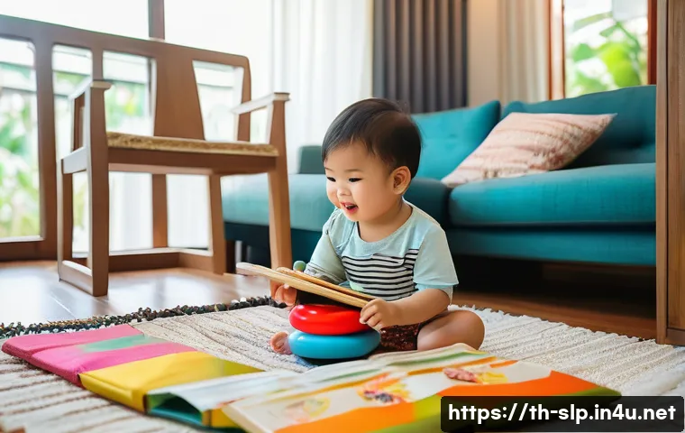 언어발달 이론 - A cozy family living room scene in a modern Thai home, featuring a young toddler wearing a colorful ...