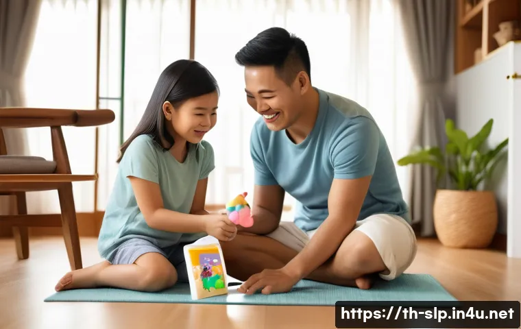 발음 장애 치료 - A warm and supportive family scene in a modern Thai home, showing parents encouraging a young child ...