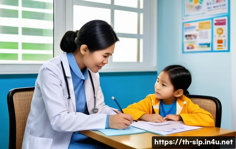 언어 치료의 진단 절차 - A professional speech therapist conducting a detailed initial interview with a young Thai child and ...