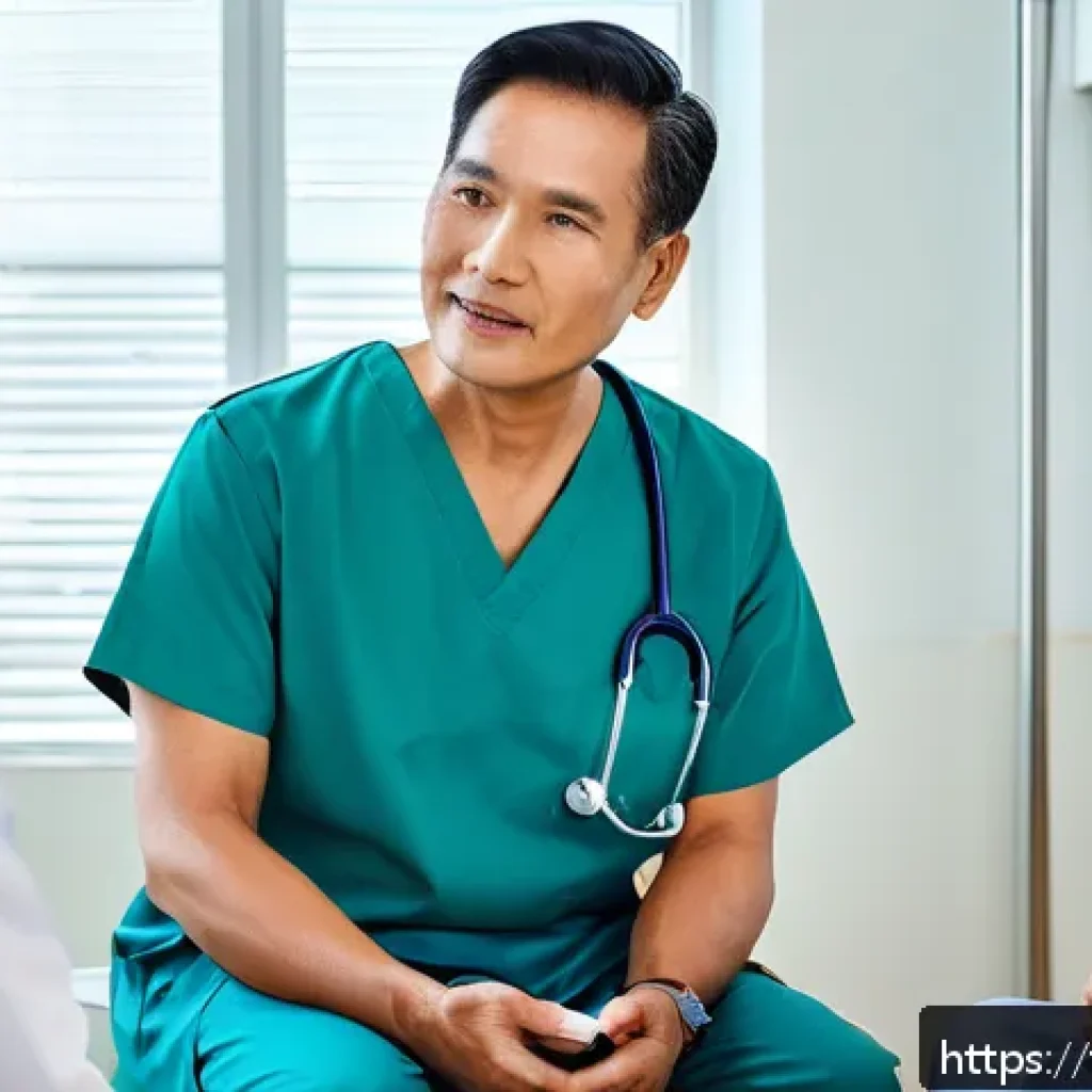 사람 중심 치료 - A compassionate healthcare professional attentively listening to a middle-aged Thai patient in a mod...