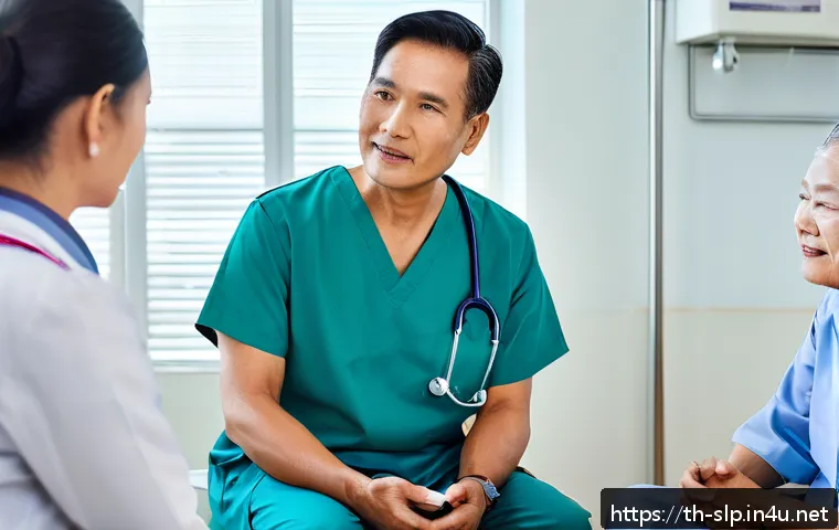사람 중심 치료 - A compassionate healthcare professional attentively listening to a middle-aged Thai patient in a mod...