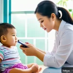 언어치료학 필수과목 - A professional speech therapist in a modern Thai clinic setting, attentively listening to a young Th...