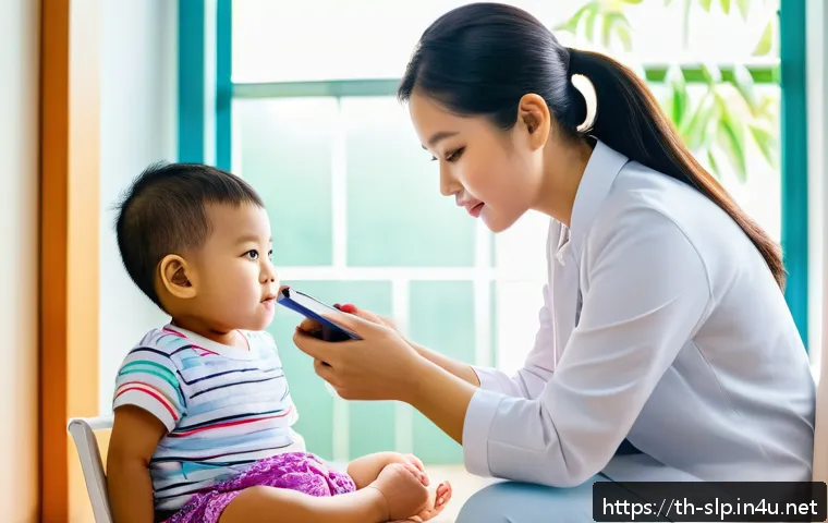 언어치료학 필수과목 - A professional speech therapist in a modern Thai clinic setting, attentively listening to a young Th...