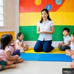 언어치료의 중요성 - A cheerful preschool classroom scene in Thailand showing a female Thai speech therapist interacting ...