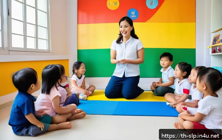 언어치료의 중요성 - A cheerful preschool classroom scene in Thailand showing a female Thai speech therapist interacting ...