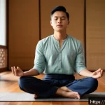 음성치료의 다양한 방법 - A focused young Thai man practicing deep breathing exercises in a peaceful indoor setting, sitting c...