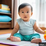 발달 언어 지연 치료 - A tender scene of a young Thai toddler wearing a colorful diaper, sitting on a soft mat in a cozy li...