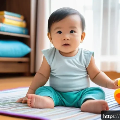발달 언어 지연 치료 - A tender scene of a young Thai toddler wearing a colorful diaper, sitting on a soft mat in a cozy li...