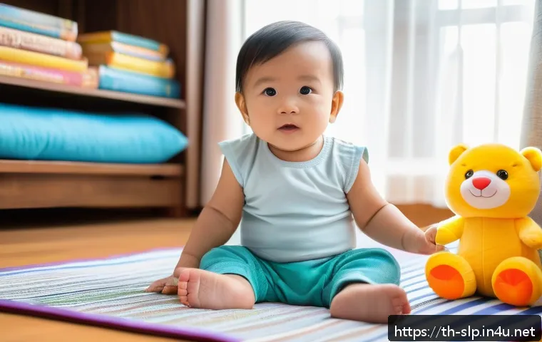 발달 언어 지연 치료 - A tender scene of a young Thai toddler wearing a colorful diaper, sitting on a soft mat in a cozy li...