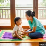 언어장애 - A warm and cozy family living room scene in a Thai household, showing a smiling toddler wearing a co...