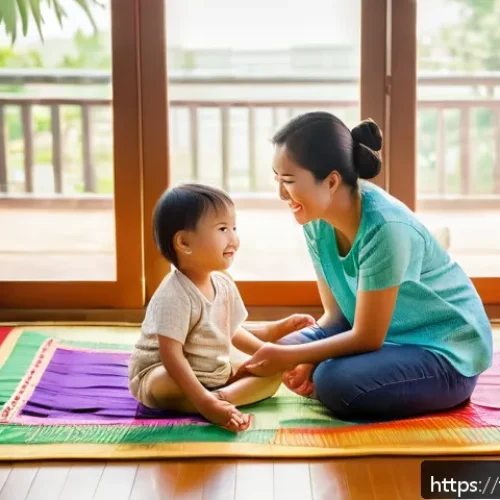 언어장애 - A warm and cozy family living room scene in a Thai household, showing a smiling toddler wearing a co...