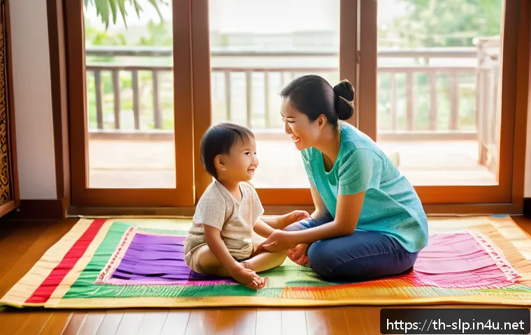 언어장애 - A warm and cozy family living room scene in a Thai household, showing a smiling toddler wearing a co...