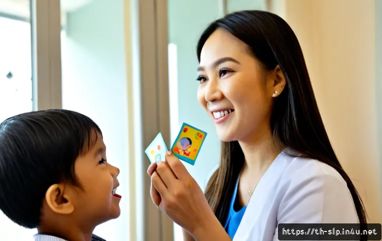 구술 발달 및 치료법 - Photorealistic pediatric speech therapy session in a welcoming Bangkok clinic, a Thai speech-languag...