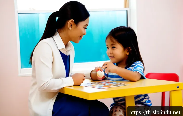 언어 발달 분석 기법 - Photorealistic Thai child language development assessment in a bright, welcoming pediatric therapy r...